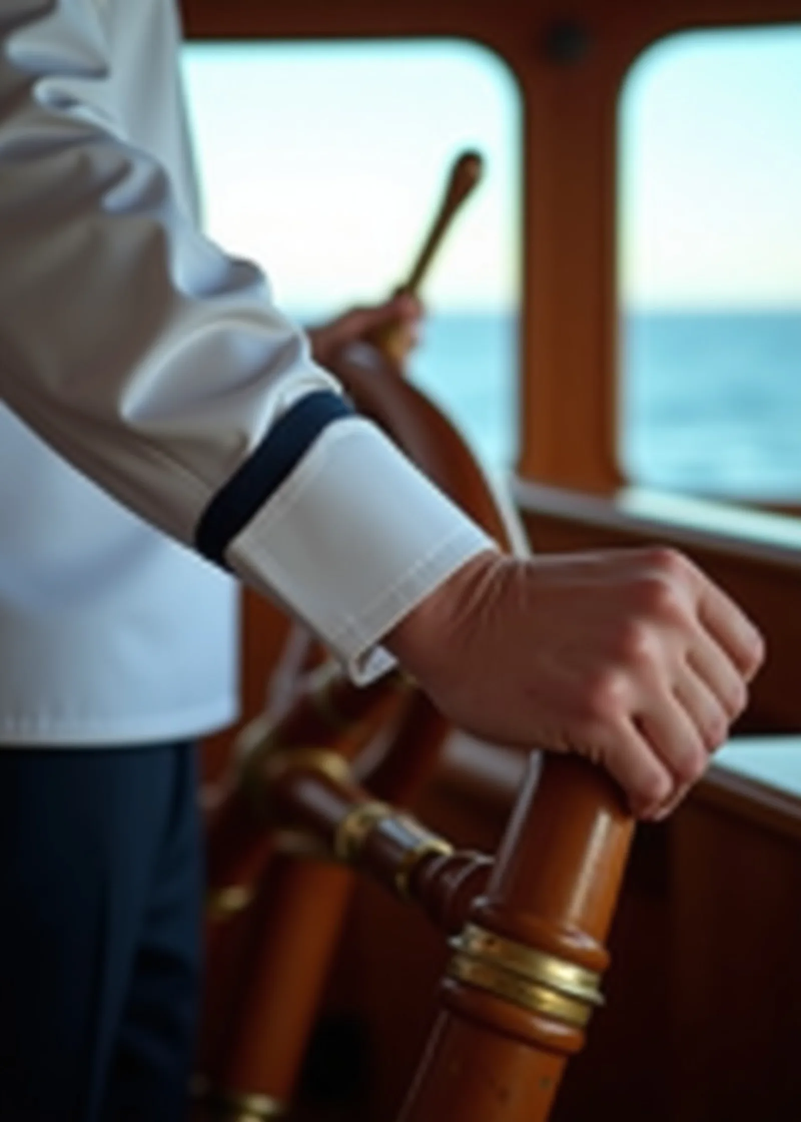 Ship officer in a white uniform shirt with his hand on a wooden and brass ship steering wheel on the bridge