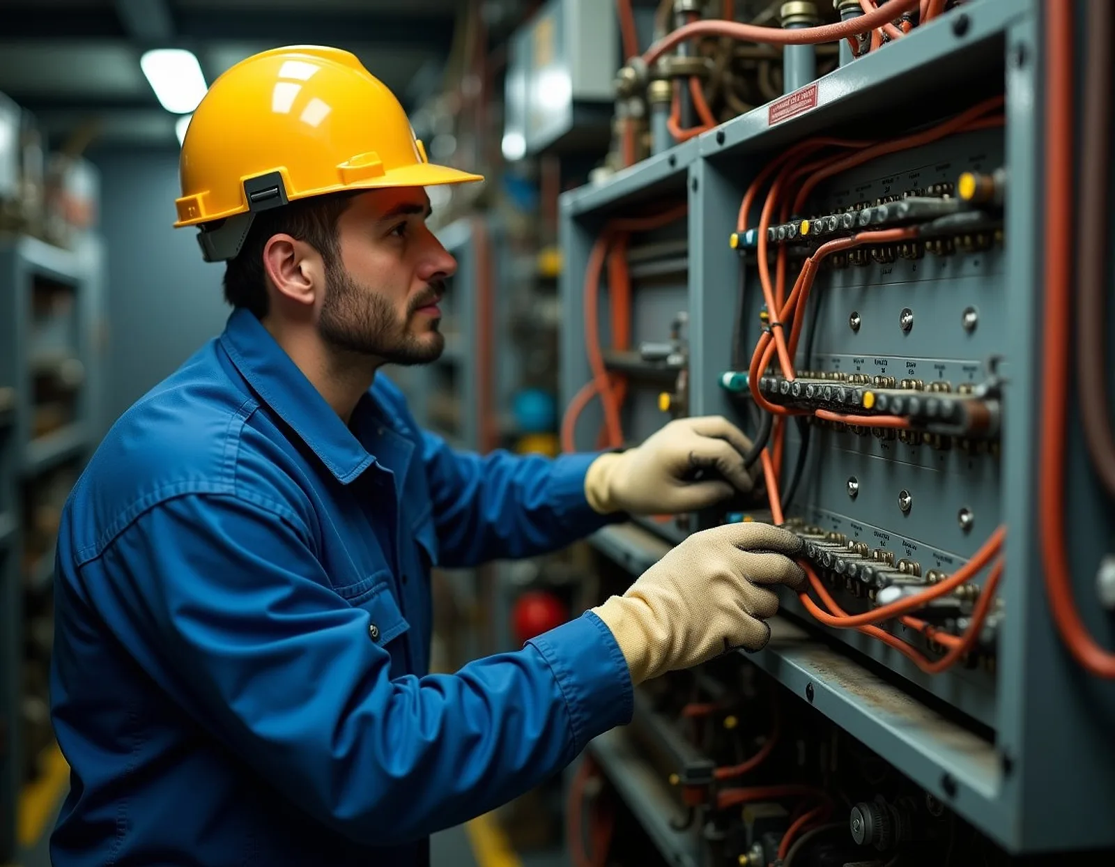 Electrician in a yellow hard hat and gloves working at an open switchboard of coloured cables in a ship engine room