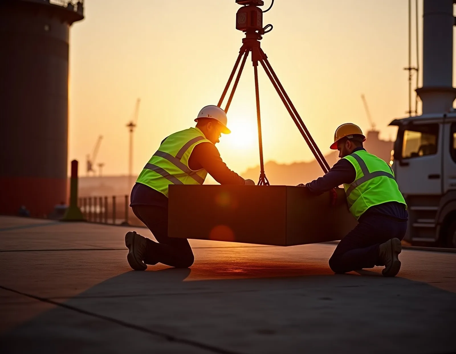 Two structural fitters in hi-vis vests positioning a steel block under a crane tripod at a quay in warm evening light