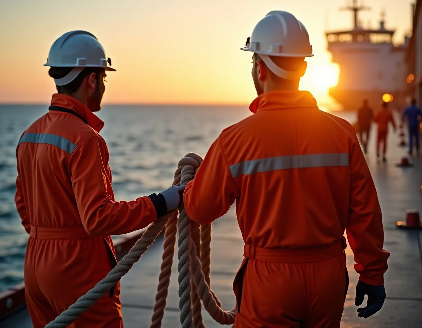 Two deck crew in orange coveralls handling a thick mooring rope on a ship at sunset