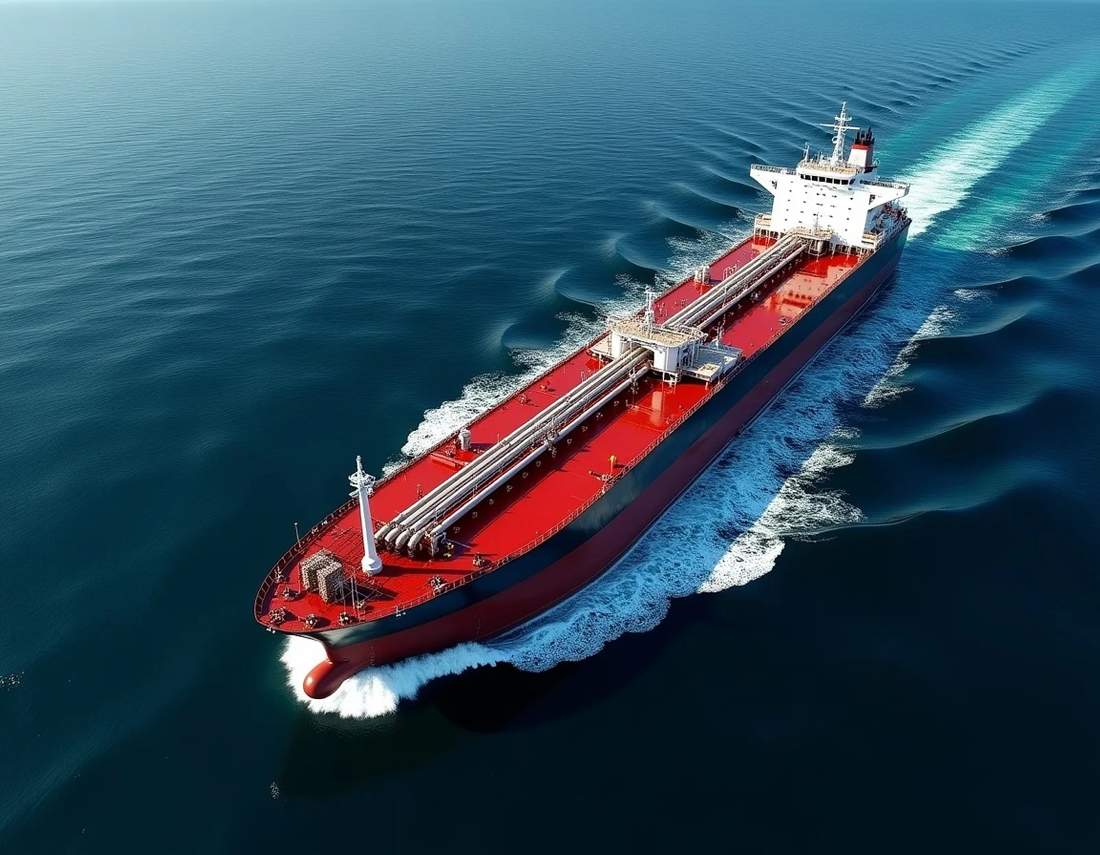 Aerial view of a red-hulled tanker with a long pipework deck sailing on deep blue water leaving a white wake